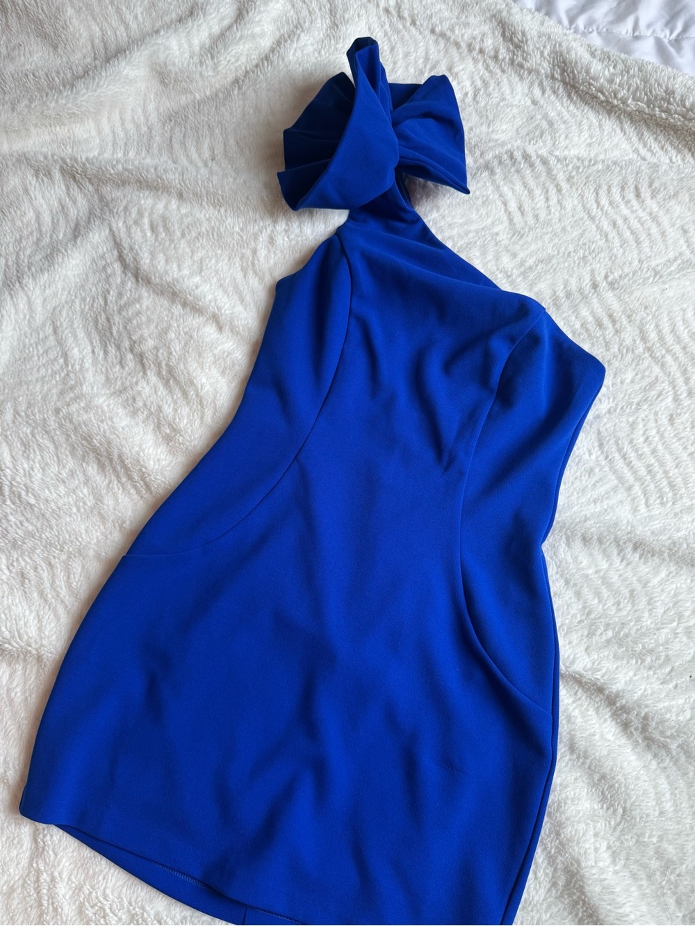One-Shoulder Royal Blue Mini Dress with Bow Neck-Small